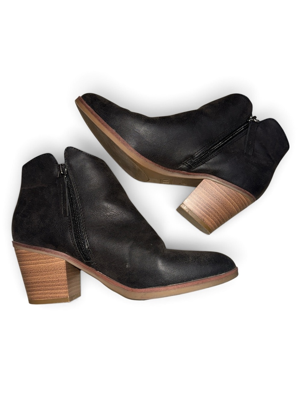 MIA Black Leather Ankle Booties with Stacked Wood Heel